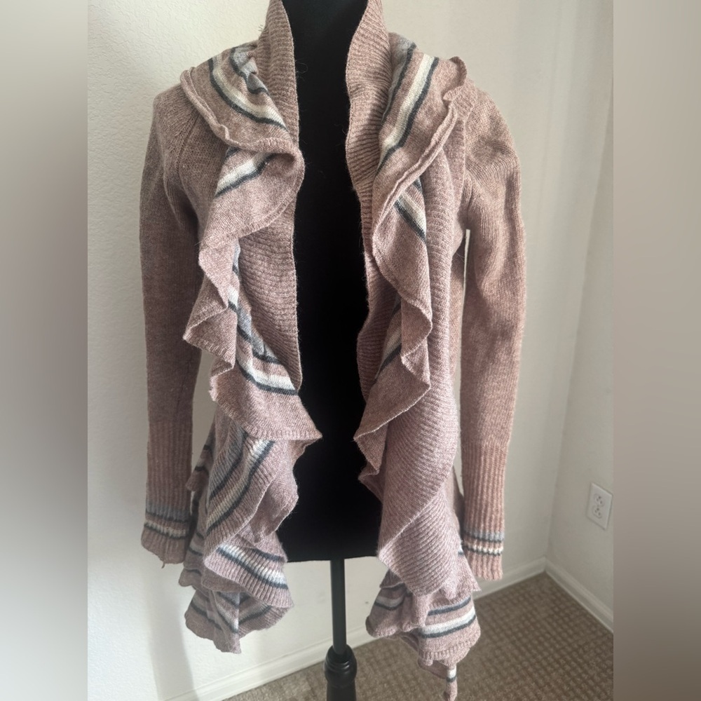 Anthropologie Sparrow Ruffle Neck Open Front Cardigan Sweater brown wool blend